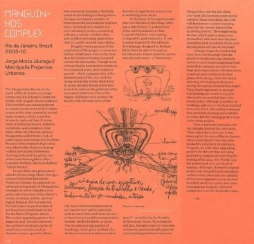 Imagem do catálogo da exposição "Small Scale, Big Change" no MoMa em Nova York - croquis e texto sobre o Complexo Manguinhos<br />Foto Jorge Mario Jáuregui 