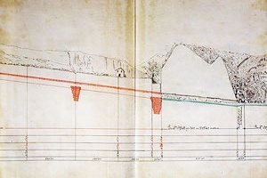 Fig. 2 - Detalhe de perfil do projeto de irrigação de Plegamans, do punho do próprio Gaudí. Notar as barragens subterrâneas, que seriam executadas em alvenaria de tijolos [Arquivo da Coroa de Aragon, Barcelona.]