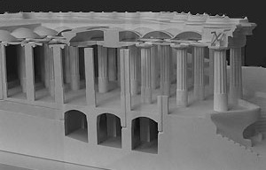 Fig. 10 - A praça central do parque tem sua estrutura baseada em cúpulas apoiadas no topo de colunas. Muitas das colunas são ôcas, permitindo que a água absorvida pela praça desça até o interior da grande cisterna, abaixo [Maquete realizada pela equipe da profa. Laura Baringo /ETSAV/UPC]