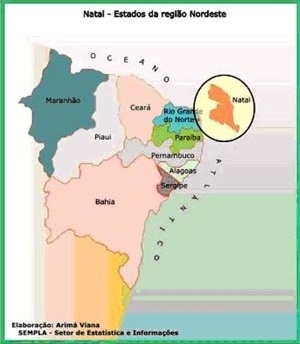 1 – Mapa da região Nordeste e localização de Natal [SEMURB, 2004]
