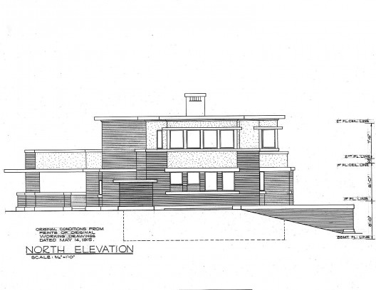 Emil Bach House, elevação norte, North Sheridan Road, Chicago, Estados Unidos, 1915. Arquiteto Frank Lloyd Wright<br />Redesenho J. William Rudd, 1965  [Library of Congress / U.S. Government]