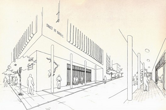 Agência do Banco do Brasil, perspectiva, Catanduva SP, 1948. Arquiteto Edgard Guimarães do Valle<br />Imagem divulgação  [Marcos Jaimovich, <i>Arquitetura Contemporânea no Brasil</i>]