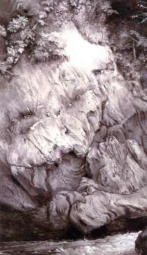 Estudo de Gneiss Rock, desenho em nanquim de John Ruskin. Glenfinlas, 1853