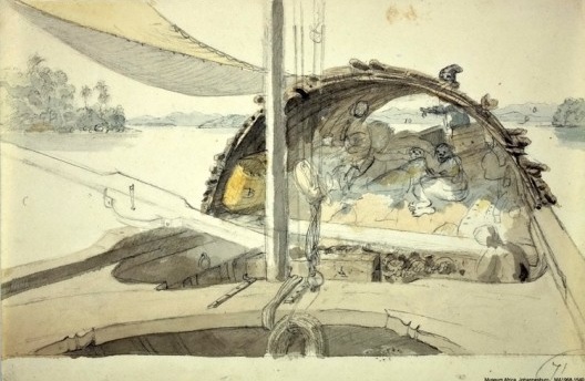 William Burchell. Barge – Interior (Interior de uma falua), c. 1825. Lápis e aguada, 14 x 21,2 cm [Museum Africa, Johannesburgo, África do Sul]