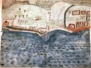 Mais antiga representação da cidade de Belém do Grão-Pará no século XVII.  [Original manuscrito do Algemeen Rijksarchief, Haia]