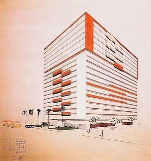 Abelardo Riedy de Souza, "Edifício Três Marias, perspectiva", desenho de arquitetura, São Paulo,1952 [Acervo Biblioteca FAU USP]