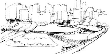 Croqui. Projeto vencedor do Concurso de reurbanização do Vale do Anhangabaú<br />Arquitetos Jorge Wilheim, Rosa Kliass e Jamil Kfouri 