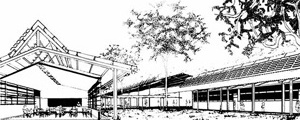 Perspectiva de conjunto, cortando sala de aula do Campus da Universidade do Amazonas, Manaus, 1970-1980, Arquiteto Severiano Porto<br />Desenho do arquiteto 