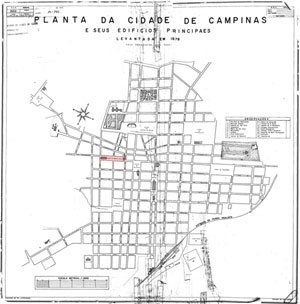 Mapa de Campinas em 1878.  Observa-se as duas ruas sinuosas no meio do traçado ortogonal do centro da cidade. Sob a ponta do desvio, o largo de fundação da cidade (marcado em vermelho). Campinas toma forma pelo movimento