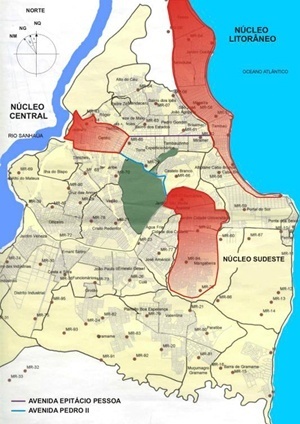 Fig. 2: Mapa do espaço intra-urbano de João Pessoa, revelando os núcleos: central à Oeste (composto pelo Centro e Varadouro); litorâneo à Leste (composto por Bessa, Manaíra, Tambaú e Cabo Branco); e sudeste (Mangabeira e conjunto dos Bancários) [Paulo Falconi a partir de Mapa da Prefeitura Municipal de João Pessoa - PMJP/ SEPLAN]