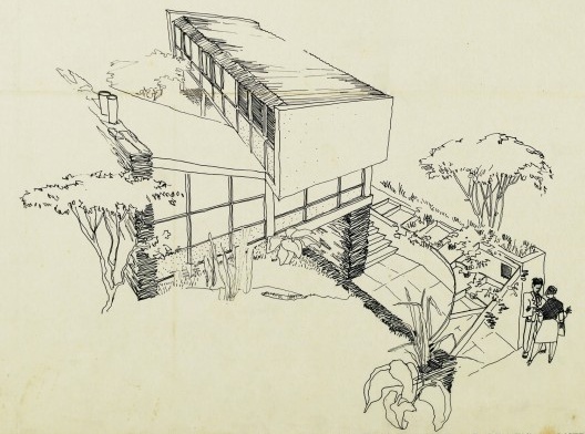 Casa Hanns Vitor Trostli, detalhe da perspectiva do primeiro estudo, São Paulo, 1948. Arquiteto Vilanova Artigas [Acervo FAU USP / COTRIM, Marcio. <i>Construir a casa paulista</i>]