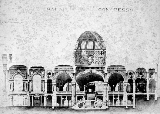 01. Palácio do Congresso para Belo Horizonte, corte transversal, projeto de José de Magalhaes, 1895 – um típico projeto Beaux-Arts, não realizado, cujo original não foi conservado<br />Imagem divulgação  [Fonte: <i>A casaca do Arlequim: Belo Horizonte, uma capital eclética do século XIX</i>]