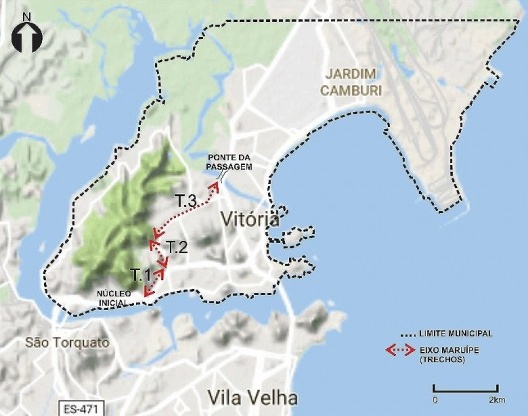 Mapa do município de Vitória, com identificação do Eixo Maruípe subdividido em três trechos<br />Elaborado pela autora a partir de base do Google Maps 