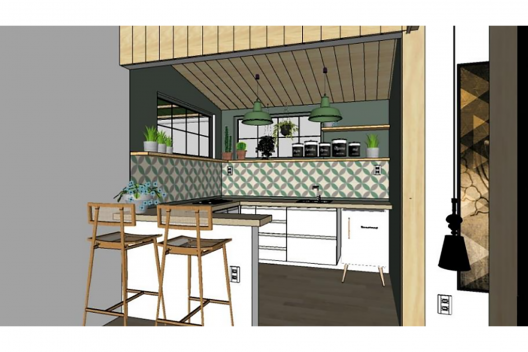 Tiny Eco House, maquete eletrônica, cozinha americana<br />Elaboração dos autores 