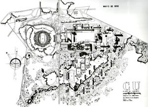 Fig. 14 - Universidade Nacional Autónoma do México. Plano de Conjunto maio de 1952. Mario Pani, Enrique del Toral. [ADRIÂ, Miquel; Mario Pani La construcción de la Modernidad]