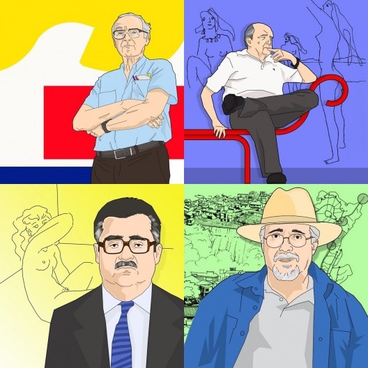 João Filgueiras Lima (Lelé), Oscar Niemeyer, Aldary Henriques Toledo e Luiz Carlos Toledo, retratos para a seção Rabiscos do portal Vitruvius<br />Desenhos André Marques 