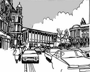 New Street / Victoria Square em Birmingham antes da implementação do projeto de revitalização que se deu no inicio da década de 90.<br />Ilustração de Neil Chapman 