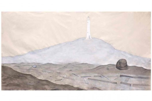 Bel Falleiros, sobre pedra e água_Oeste, 2013, tinta acrílica, grafite e giz pastel sobre algodão cru<br />Divulgação 