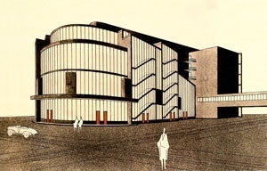 Totaltheater, Erwin Piscator e Walter Gropius. Desenho de Stefan Sebök