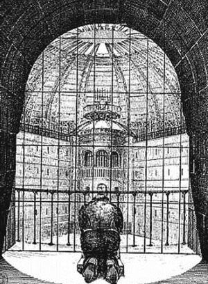 Detento dentro da cela diante da torre de vigilância do Panóptico; N. Harou-Romain, Projeto de Penitenciária de 1840 [FOUCAULT, M. Vigiar e punir. Petrópolis: Editora Vozes, 2005]