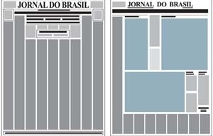 Espelho comparativo do jornal antes e depois da reforma: assimetria no novo projeto (à direita, com destaque para o “L” dos classificados).