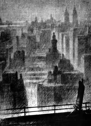  Desenho de Hugh Ferriss intitulado “A primeira impressão” que abre o primeiro capítulo de seu livro - A cidade hoje [FERRISS, Hugh. La Métropole du futur. Paris, Centre Georges Pompidou, 1987]