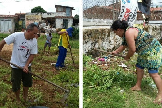 Grupo das pessoas encarregadas de realizar a limpeza na Comunidade Alto da Torre<br />Foto Simone Costa 