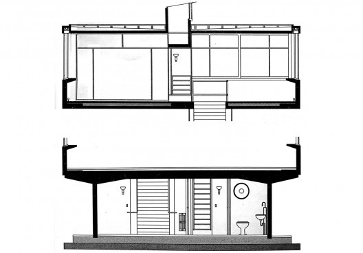Casa ponte (Casa sobre o arroio), cortes dos pisos superior e térreo, Mar del Plata, 1947. Arquiteto Amancio Williams<br />Imagem divulgação  [revista Óculum 7/8]