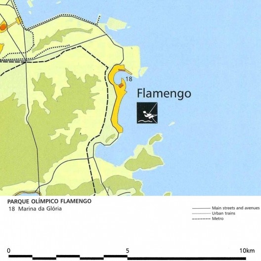 Parque Olímpico Flamengo, detalhe, mapa geral das instalações olímpicas na candidatura Rio 2004<br />Imagem divulgação  [Rio 2004, Rio de Janeiro candidate to host the XXVIII Olympic Games in 2004, v.2, 1996]