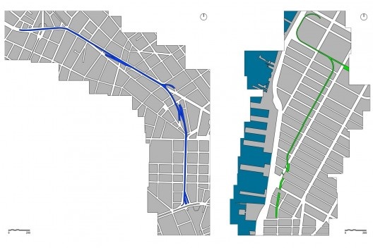 Diagrama. Morfologia urbana. Elevado (à esquerda) e High Line (à direita)<br />Desenho Ana Carolina Ferreira Mendes 