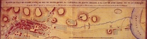 Fig. 1 – Planta da Villa do Cuiabá, cortada pelo Córrego da Prainha até o encontro com o Rio Cuiabá, na região do Porto Geral, meados do séc. XVIII [Arquivo Público do Estado – Lauro Portela, 2007. /Org.: SILVA, Geovany J. A., 2007]