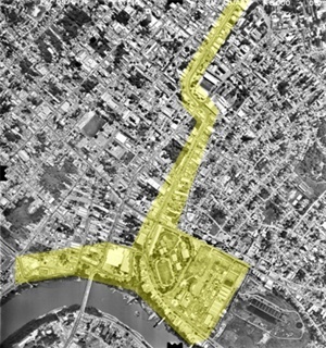 Fig. 9 – Imagem do SETOR 2 e 3. Acima temos o desvio sinuoso da Avenida Tenente Coronel Duarte (em frente ao Colégio Salesiano São Gonçalo e Supermercado Modelo), depois segue até o encontro com a Avenida Beira Rio (à esquerda o Super-Mercado Atacadão e à [Laboratório de Geoprocessamento da UFMT, 1990. /Org.: SILVA, Geovany J. A., 2007]