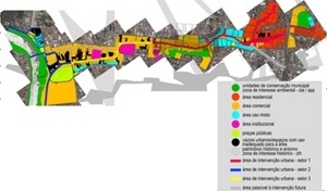 Fig. 10 – Estudo do uso e ocupação do solo, correspondente à área de intervenção urbana do Parque Linear da Prainha, conforme a legenda ao lado, pode-se compreender que à montante do córrego da Prainha, no Bairro Alvorada, tem-se um predomínio residencial [SILVA, 2007: 247]