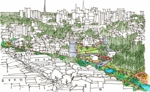 Fig. 17 – No mesmo enquadramento da Figura 14, o croqui do Parque Linear da Prainha a partir da vista da Igreja do Rosário (ao Centro) e Morro da Luz (à esquerda) [SILVA, 2007: 230. /Org.: SILVA, Geovany J. A., 2007]