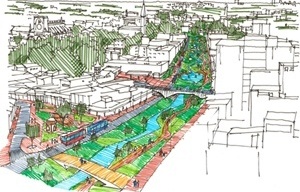 Fig. 20 – No mesmo enquadramento da Figura 16, o croqui do Parque Linear da Prainha a partir da vista sobre o Largo do Mundéu e Chafariz (Praça Bispo Dom Aquino) e Igreja Bom Despacho (à esquerda) [SILVA, 2007: 230. /Org.: SILVA, Geovany J. A., 2007]