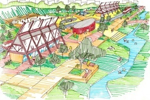 Fig. 21 – Croqui do Parque Linear da Prainha e os novos espaços e construções propostas para as áreas a serem desapropriadas. Edifícios construídos com técnicas e materiais locais (regionalismo arquitetônico), adequadas ao clima como a madeira, a cobertur [SILVA, 2007: 232. /Org.: SILVA, Geovany J. A., 2007]
