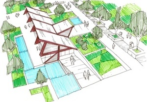 Fig. 22 – Croqui de um centro educacional e de qualificação profissional. Além da arquitetura de referências regionalistas, têm-se a utilização do piso subterrâneo para adequação climática mais eficiente decorrente da inércia térmica do solo. O paisagismo [SILVA, 2007: 233.  /Org.: SILVA, Geovany J. A., 2007]