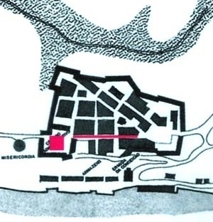 6. Planta do núcleo inicial de Salvador. Observe-se a analogia com o traçado da cidade da Parahyba (Fig. 8) em relação à posição tanto da praça da Câmara quanto da principal via de acesso a ela (logradouros indicados em vermelho na figura acima) [Evolução física de Salvador (UFBA-FA-CEAB, Salvador, 1998)]