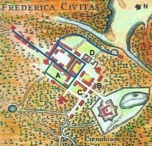 9. Provável arruamento inicial da cidade da Parahyba, indicado (nas cores azul e verde) em planta holandesa de c. 1640. (As linhas azuis identificam as primeiras ruas implantadas.) [Barlaeus, Rerum per Octennium in Brasilia..., Amsterdã, 1647]