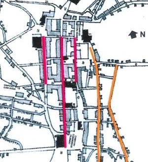 10. Planta de parte da cidade da Parahyba em 1855. As três ruas em vermelho integravam o plano de implantação da cidade. As duas em laranja (as atuais ruas Treze de Maio e Diogo Velho) foram abertas após 1640 [Planta da Cidade da Parahyba, levantada por Alfredo de Barros e Vasconcelos]