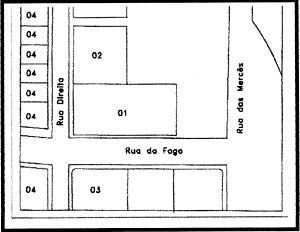 Disposição hipotética do Ponto de Cem Réis antes da demolição da Igreja do Rosário. 1. Igreja do Rosário; 2. Residência; 3. Correio da Manhã; 4. Casario [MAIA. Apud CAMACHO, Ana Carolina. “Ponto de Cem Réis:identidade e valorização de um Espaço]