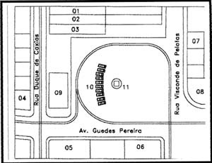 1. Agência de jornais do “Catita”; 2. Res. Hermenegildo di Láscio; 3. Res. Ávila Lins; 4. Café Moderno; 5. Carreio da Manhã; 6. Paraíba Palace Hotel; 7. Fábrica de Mosaicos; 8. Biblioteca Pública do Estado; 9. Pavilhão; 10. Praça de automóveis; 11. Coluna