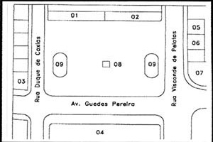 Ponto de Cem Réis – década de 50. 1. Residência Ávila Lins; 2. Edifício Duarte da Silveira; 3. Farmácia Régis; 4. Paraíba Palace Hotel; 5. Cinema Plaza; 6. Casa do Chopp; 7. Pagadoria dos serviços elétricos; 8. Busto de Vidal de Negreiros; 9. Pavilhões