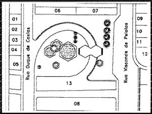 Configuração atual da Praça Vidal de Negreiros. 1 Padaria; 2 Loja; 3 King Jóia; 4 Moda K; 5 Edifício Régis; 6 Comércio variado; 7 Comércio variado; 8 Paraíba Palace Hotel; 9 Casa Pio; 10 Emmanuelle; 11 Edifício Ypiranga; 12 Edif.Nações Unidas; 13 Viaduto