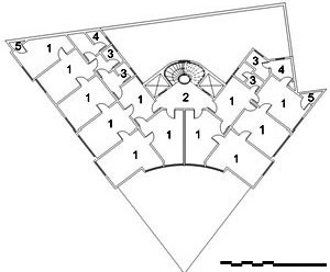 Edifício Jaçatuba, planta nível 1º ao 5º: 1. escritório / salas; 2. hall; 3. W.C.; 4. copa; 5. depósito / despensa