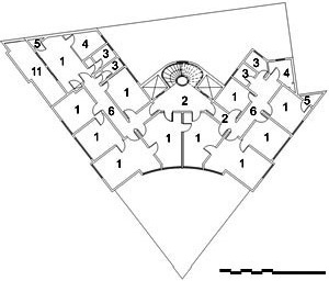 Edifício Jaçatuba, planta nível 6º: 1. escritório / salas; 2. hall; 3. W.C.; 4. copa; 5. depósito / despensa; 6. circulação; 11. área coberta