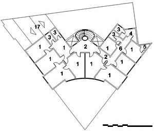 Edifício Jaçatuba, planta nível 7º ao 10º: 1. escritório / salas; 2. hall; 3. W.C.; 4. copa; 5. depósito / despensa; 6. circulação; 17. cobertura