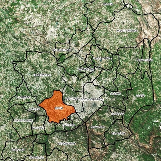 Vista de satélite da RMBH com Betim em destaque, detalhe<br />Imagem tratada pelo geógrafo Fabiano Milagres  [Google Earth, 2016]