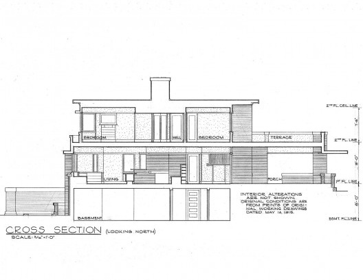 Emil Bach House, corte, North Sheridan Road, Chicago, Estados Unidos, 1915. Arquiteto Frank Lloyd Wright<br />Redesenho J. William Rudd, 1965  [Library of Congress / U.S. Government]