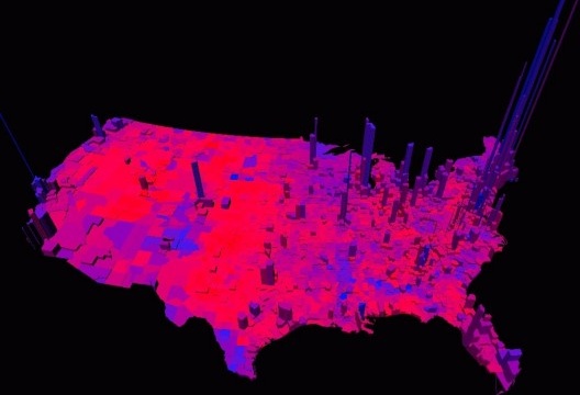 Maiores densidades urbanas estão diretamente ligadas a maior diversidade cultural e liberalismo ideológico: em azul, metrópoles que votaram nos democratas; em vermelho, cidades republicanas [Princeton University]